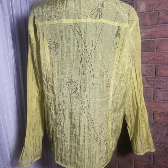 Chico's Chartreuse Sheer Taffeta-Like Button-Up Textured Floral - Sz 2 (Lg) - Picture 5 of 9